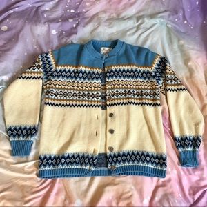 Vintage Ski Sweater with Blue/Mustard Pattern